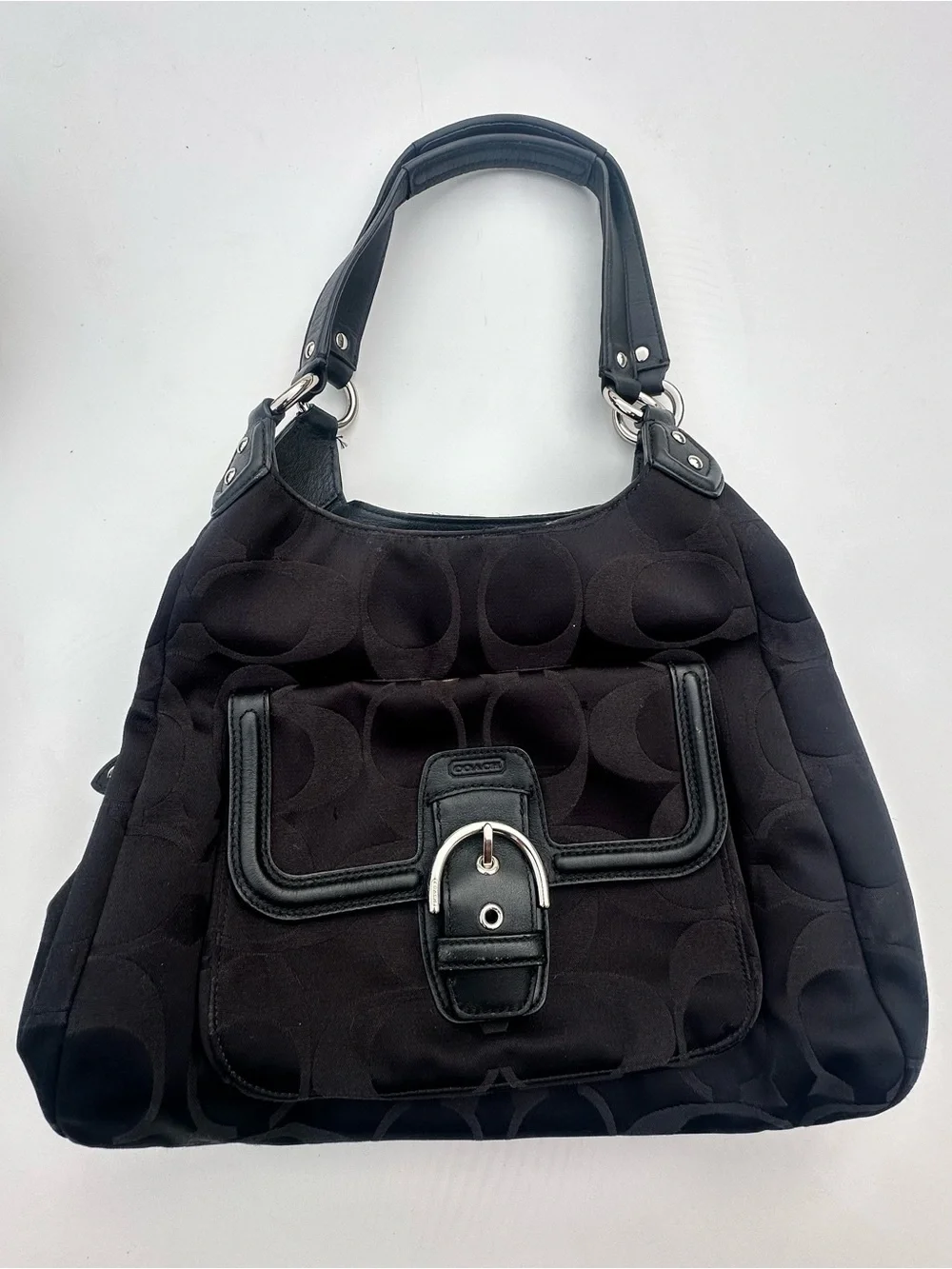 Coach Black Signature Canvas Shoulder Tote with Front Buckle Pocket